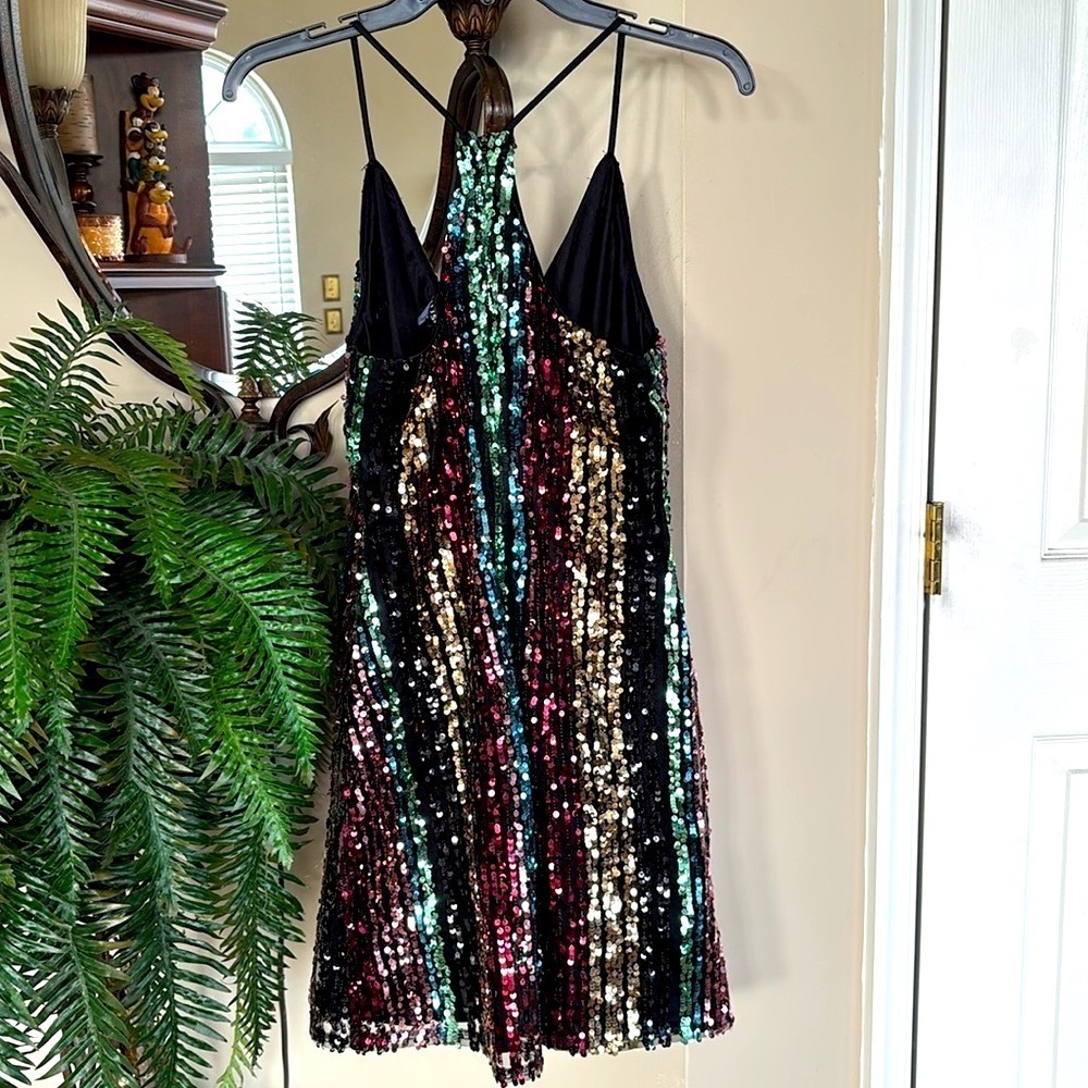 Venus Sparkly Rainbow Striped Sequin Colorful Cocktail Dress Spaghetti Strap - Picture 14 of 15